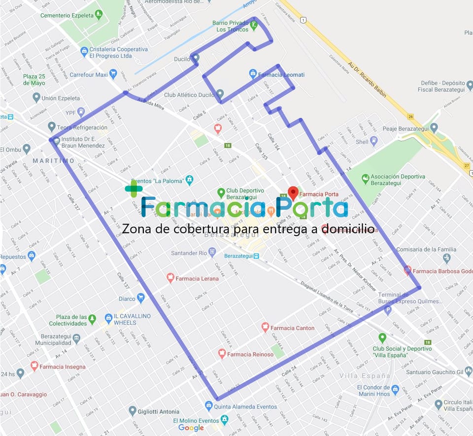 Mapa con la zona de cobertura orientativa para entrega a domicilio de Farmacia Porta en Berazategui
